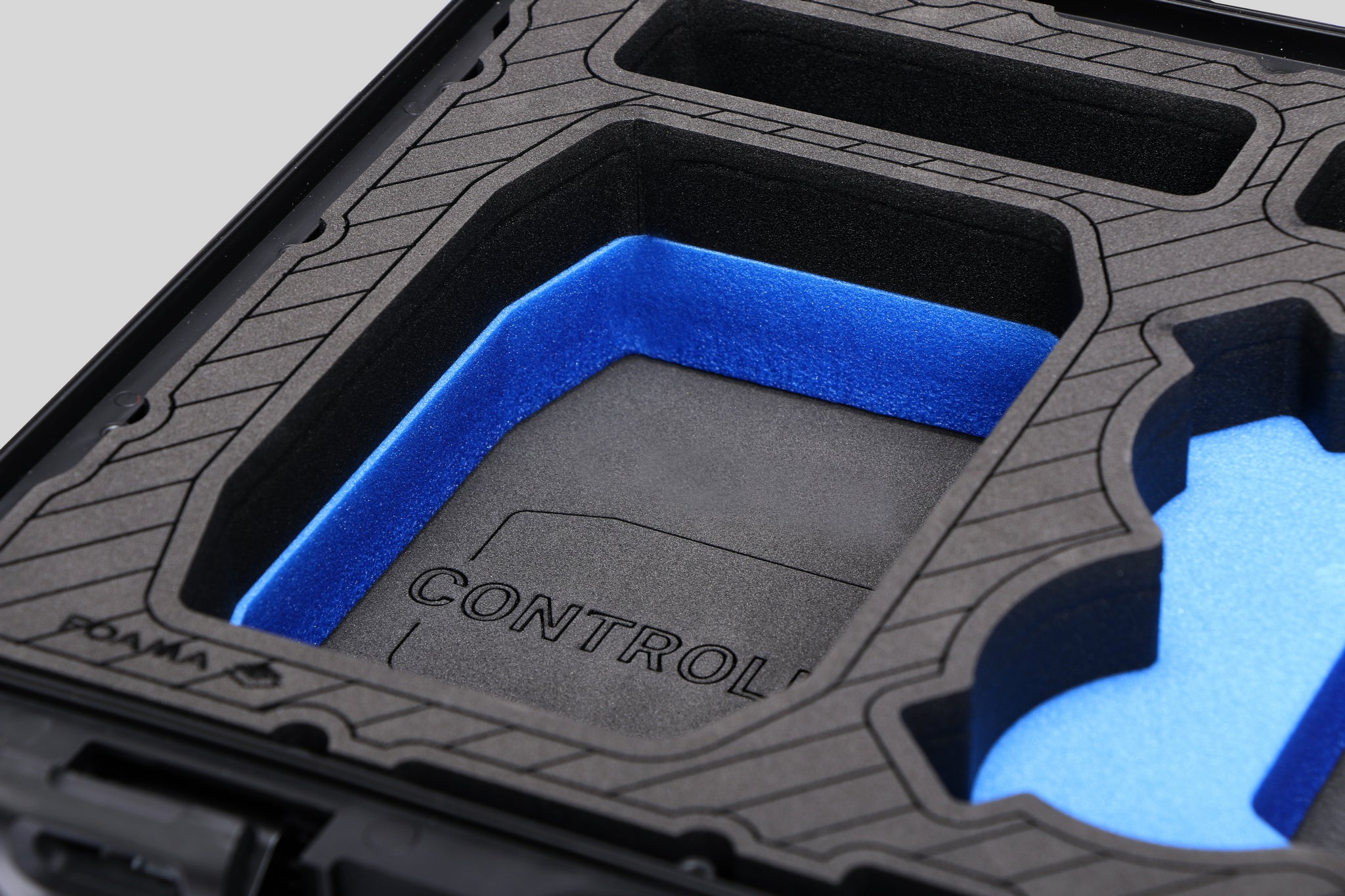 Close-up-view-2 of Foama Black Color All-Weather Carry-on Case and Custom Foam Insert with a Blue Layer for DJI Neo