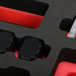 Close-up view 2 of Sony FX3 and accessories in Black Color Studio Case and Custom Foam Insert with a red layer